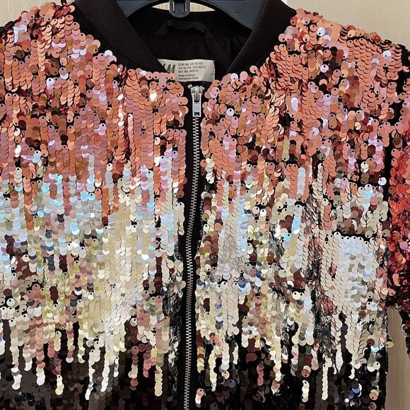H&M Girls Ombre Black Silver Pink Sequin Bomber Jacket Size 10-11 years - Picture 6 of 15
